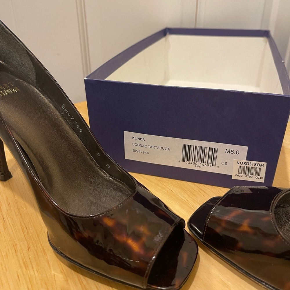 Stuart Weitzman peep-toe cognac tortoise pumps 8M - Picture 2 of 5